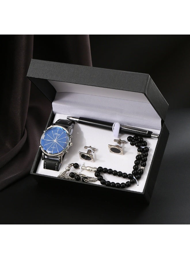 أولودينيز  طقم هدايا كلاسيكي للرجال – ساعة بقرص أزرق، مسبحة سوداء، قلم، وأزرار أكمام فضية في صندوق أسود أنيق - Image 5